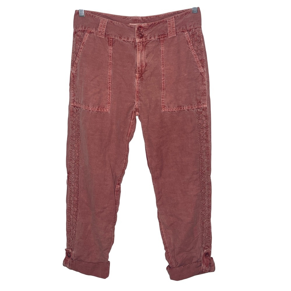 Sundance Women Terracotta Red Linen Blend Crochet Lace Trim Utility Pants Size 6